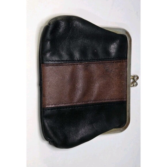 Vintage Buxton Black with Brown Leather Stripe Coin Purse Brass Kisslock Grandma - Picture 1 of 7